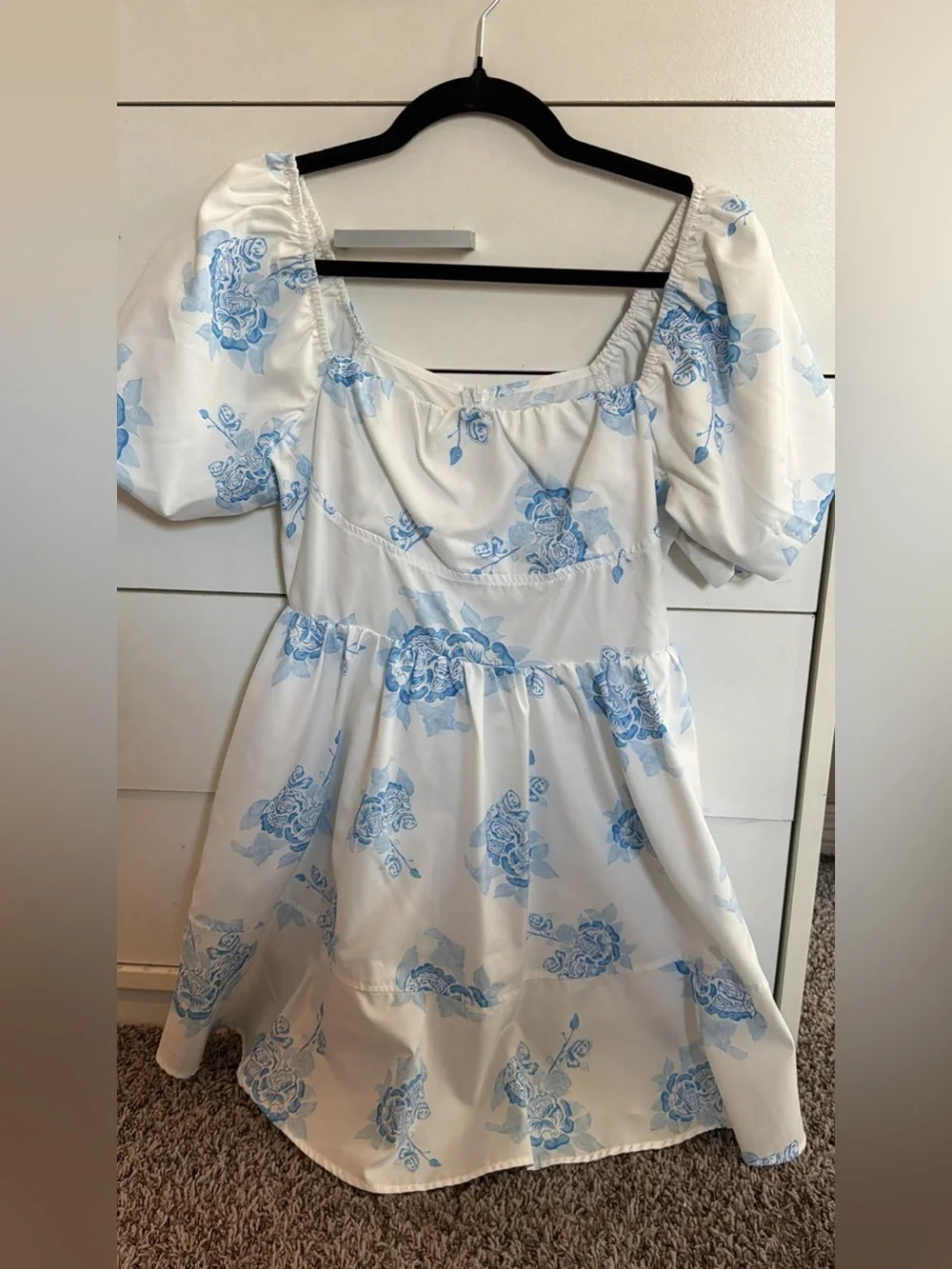 Cider White Dress with Light Blue Floral Puff Sleeves